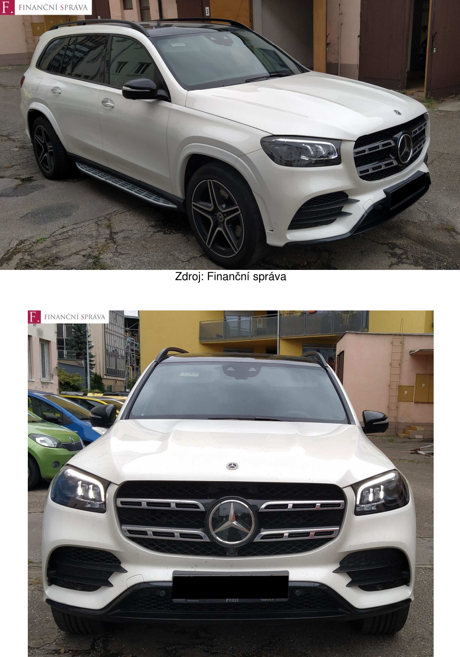 Fotografie bílého osobního automobilu značky Mercedes-Benz (SUV), v levém horním rohu logo 'F. FINANČNÍ SPRÁVA', pod obrázkem text 'Zdroj: Finanční správa'.