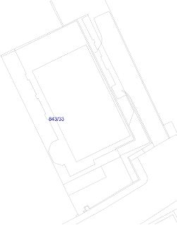 Katastrální mapa zobrazující parcelu s vyznačeným číslem 843/33, hranice budovy a okolních pozemků.