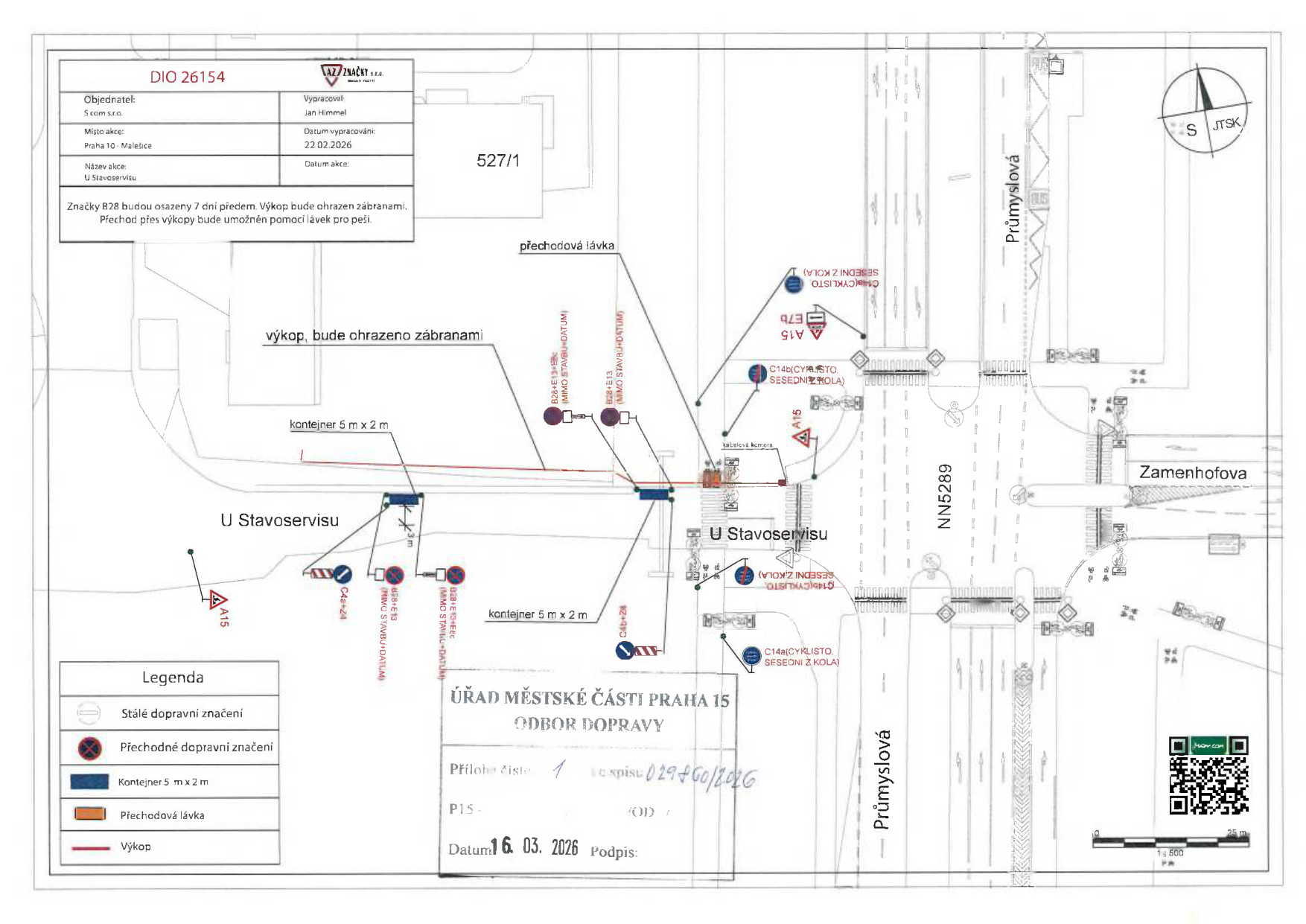 Situační nákres dopravního značení a výkopových prací na ulici U Stavoservisu.