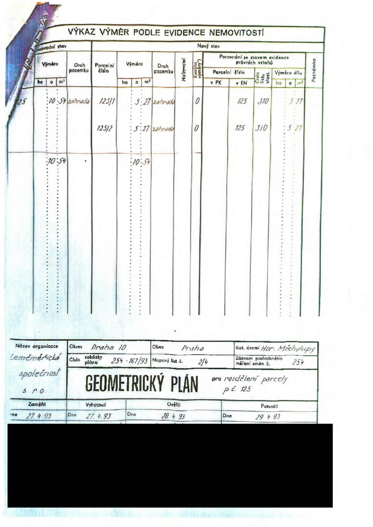 Geometrický plán pro rozdělení parcely č. 125 v katastrálním území Horní Měcholupy.