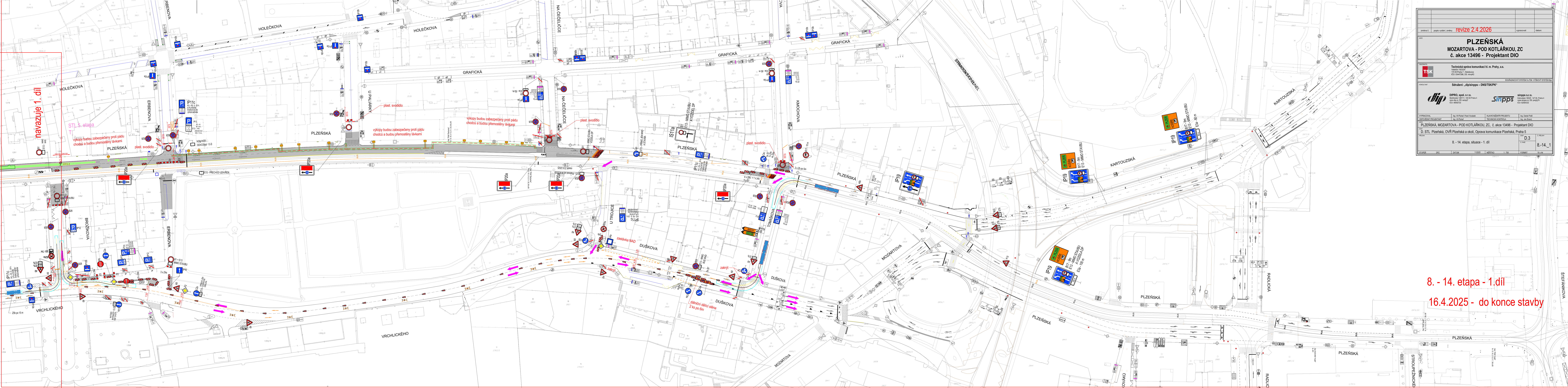 Projektová dokumentace dopravního značení pro stavbu 'PLZEŇSKÁ - rekonstrukce tramvajové trati'. Dokument obsahuje situační nákres dopravního značení pro 8. - 14. etapu (1. díl). Datum platnosti: 2. 4. 2026. Termín realizace: 16. 4. 2025 do konce stavby. Dokument obsahuje technické značení ulic (Plzeňská, Radlická, Vrchlického), rozmístění dopravních značek, objízdných tras a záborů pro stavební práce.