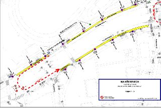Situační nákres dopravního značení během výluky metra 'C' v ulici Na Hřebenech (Etapa 2 + 3). Mapa zobrazuje organizaci dopravy, umístění značek (B28 s dodatko…