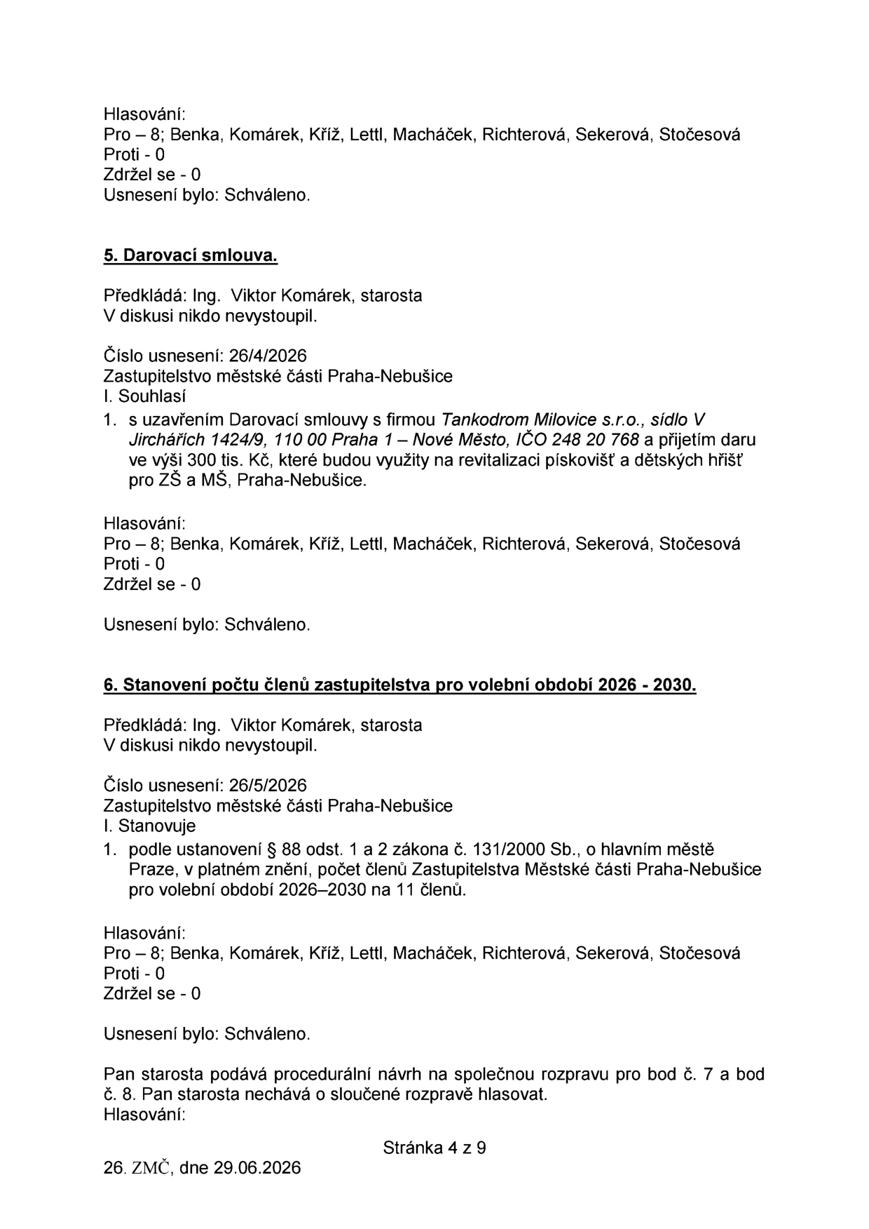 Zápis ze zasedání Zastupitelstva městské části Praha-Nebušice ze dne 29.06.2026 (strana 4 z 9). Obsahuje usnesení č. 26/4/2026: Darovací smlouva s firmou Tankodrom Milovice s.r.o. (IČO 248 20 768) na částku 300 tis. Kč pro revitalizaci pískovišť a dětských hřišť u ZŠ a MŠ, Praha-Nebušice (schváleno 8 hlasy). Dále usnesení č. 26/5/2026: Stanovení počtu členů zastupitelstva pro volební období 2026–2030 na 11 členů (schváleno 8 hlasy). Závěrem je uveden procedurální návrh starosty na sloučenou rozpravu pro body č. 7 a 8.