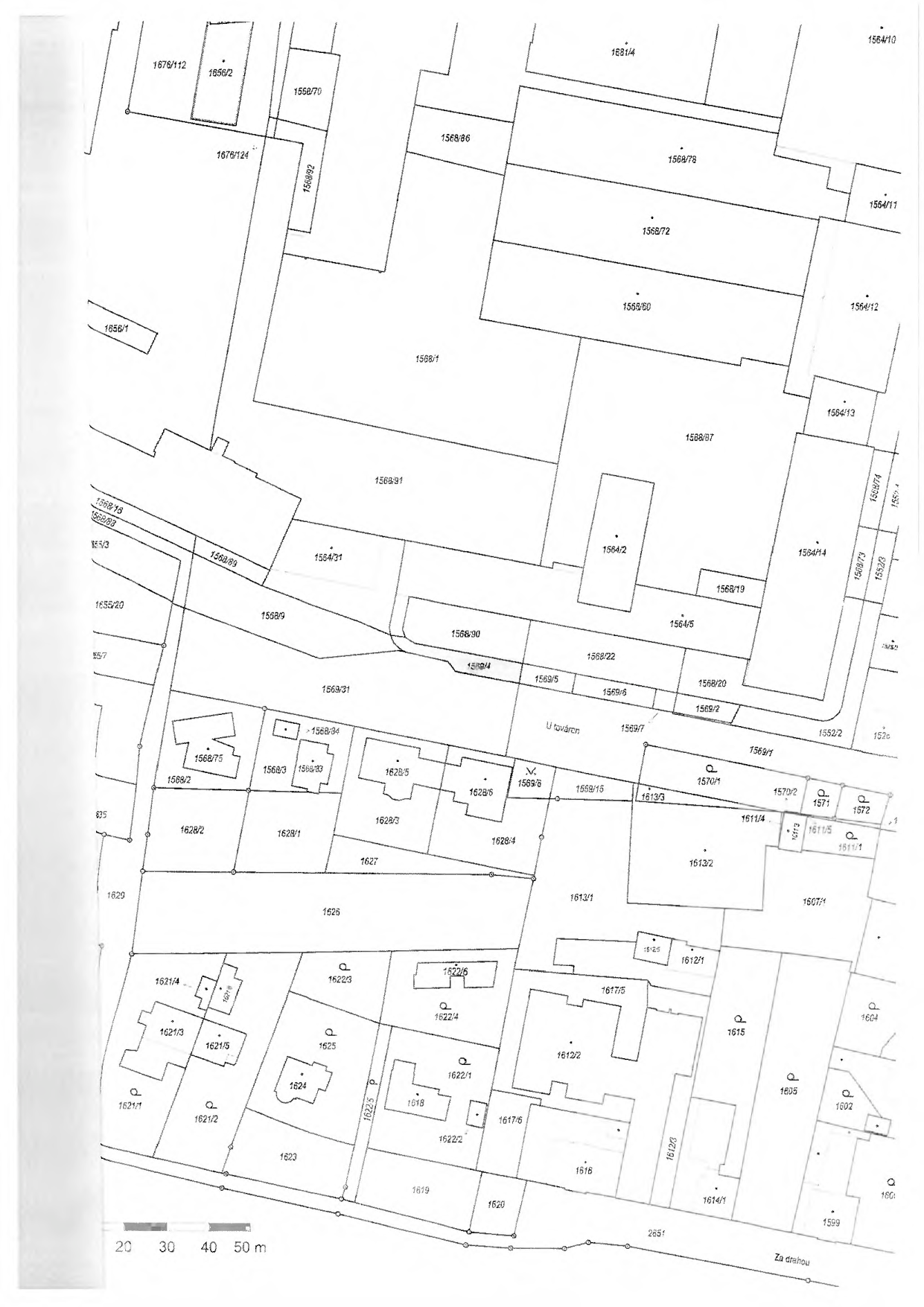 Katastrální mapa zobrazující parcely v dané lokalitě. Čitelná čísla parcel: 1676/112, 1656/2, 1558/70, 1676/124, 1568/92, 1568/86, 1568/78, 1568/72, 1558/60, 1564/10, 1564/11, 1564/12, 1564/13, 1564/14, 1568/97, 1564/2, 1568/19, 1564/5, 1568/22, 1568/20, 1569/2, 1569/7, 1569/6, 1569/5, 1558/15, 1569/6, 1569/1, 1570/1, 1570/2, 1571, 1572, 1611/5, 1611/4, 1611/1, 1613/3, 1513/2, 1607/1, 1604, 1602, 1601, 1599, 1614/1, 1612/3, 1615, 1605, 1612/1, 1617/5, 1612/2, 1617/6, 1616, 1622/2, 1618, 1622/1, 1622/4, 1622/5, 1622/3, 1625, 1624, 1623, 1621/2, 1621/1, 1621/3, 1621/4, 1621/5, 1626, 1627, 1628/4, 1628/3, 1628/5, 1628/2, 1628/1, 1568/34, 1568/3, 1568/33, 1568/75, 1568/2, 1629, 1557, 1655/20, 1568/89, 1568/9, 1569/31, 1564/31, 1568/91, 1568/1, 1656/1, 1568/78, 1568/89, 1558/9, 1558/4, 1552/2, 1552/3, 1568/73, 1568/74. V mapě je vyznačen název ulice 'U továrny' a 'Za dráhou'. Měřítko 0, 20, 30, 40, 50 m.