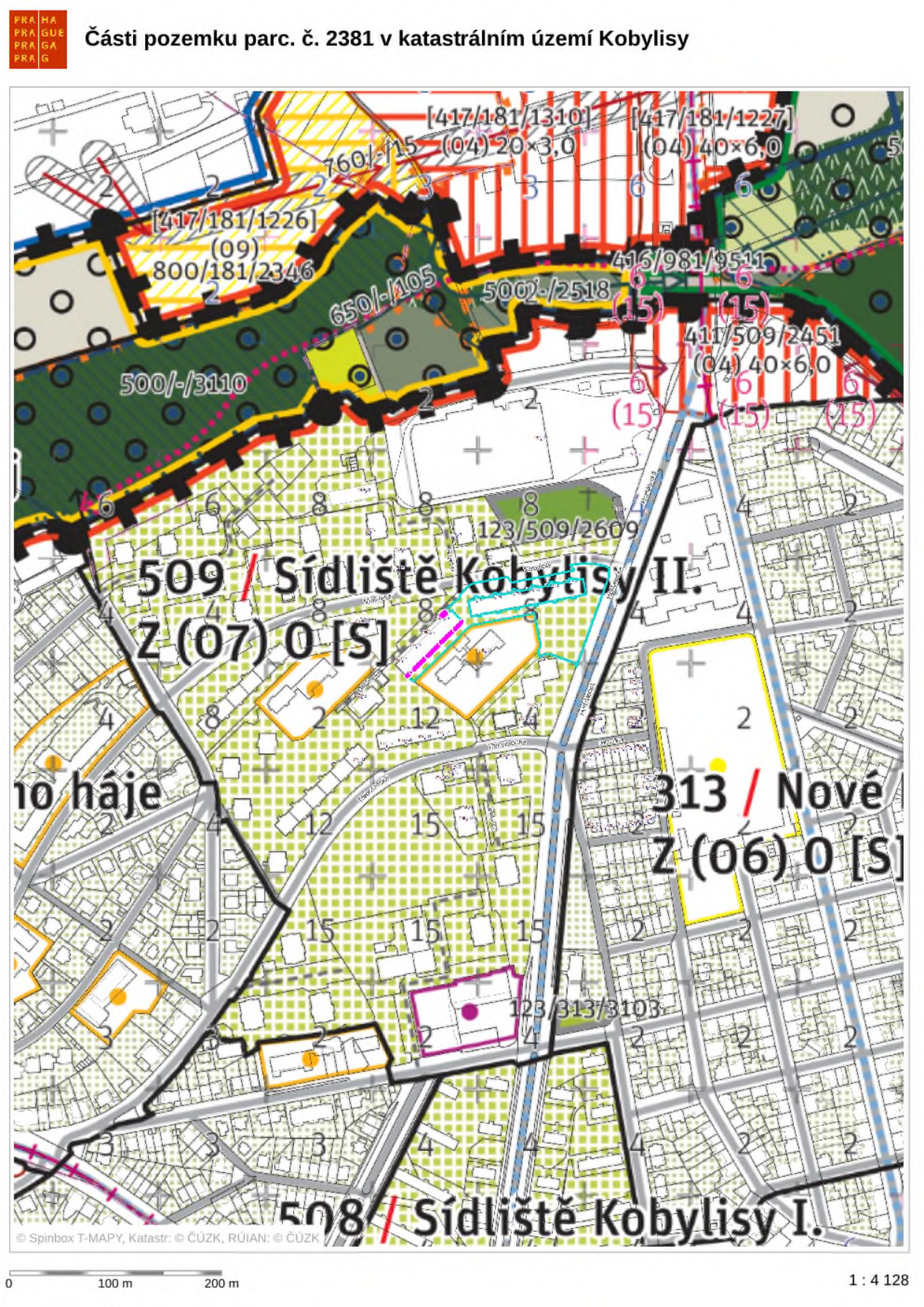 Mapa územního plánu s vyznačením částí pozemku parc. č. 2381 v katastrálním území Kobylisy. V mapě jsou vyznačeny funkční plochy, např. 509 / Sídliště Kobylisy II. Z (07) O [S], 313 / Nové Z (06) O [S], 508 / Sídliště Kobylisy I. Dále jsou v mapě uvedeny kódy regulativů jako 417/181/1310, 417/181/1227, 800/181/2346, 650/-/105, 500/-/2518, 500/-/3110, 416/981/9511, 411/509/2451, 123/509/2609 a 123/313/3103.