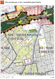 Mapa územního plánu s vyznačením částí pozemku parc. č. 2381 v katastrálním území Kobylisy. V mapě jsou vyznačeny funkční plochy, např. 509 / Sídliště Kobylisy…