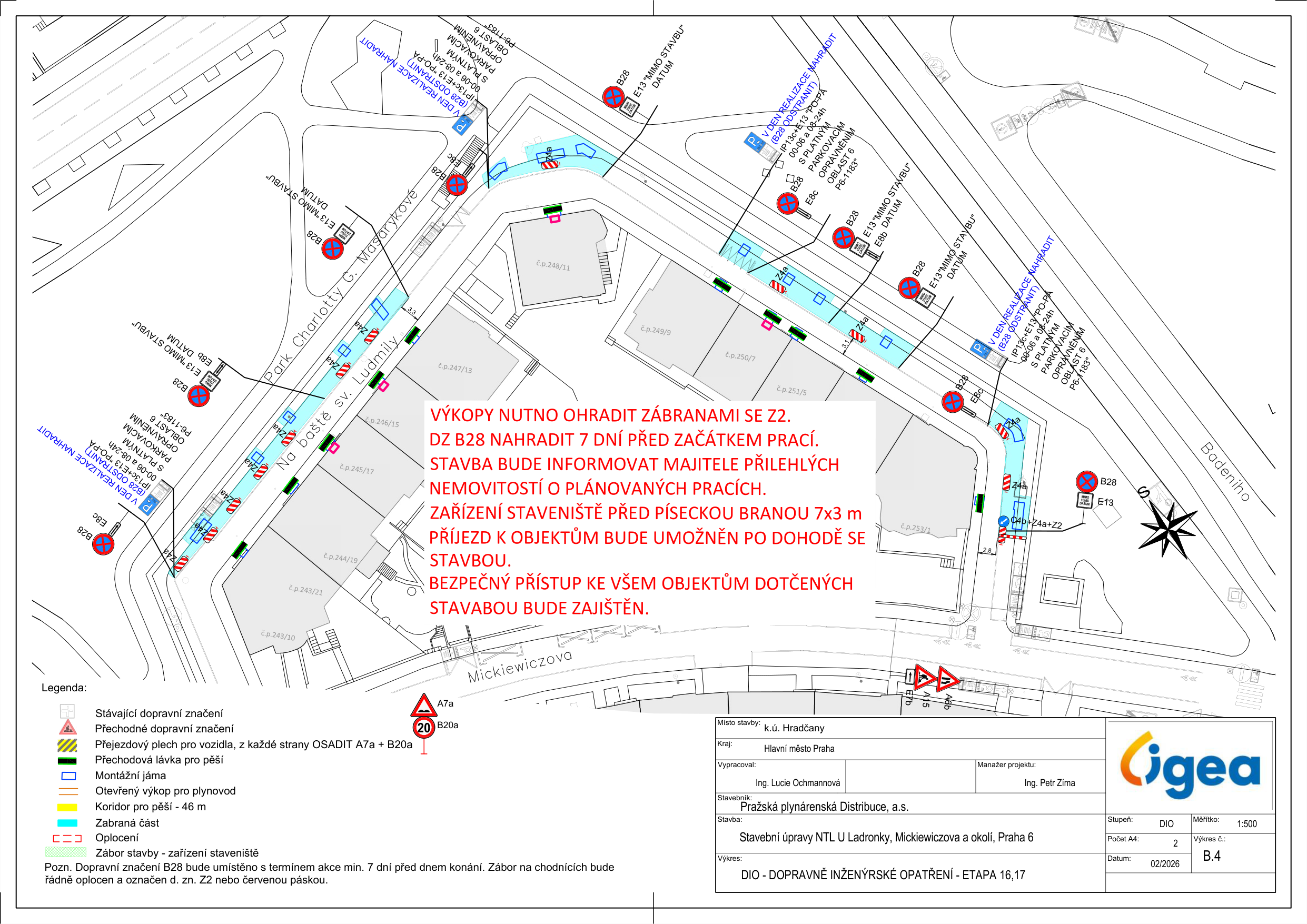 Situační nákres dopravního značení a plánu stavby pro stavební úpravy plynovodu v ulici Na Baště sv. Ludmily.