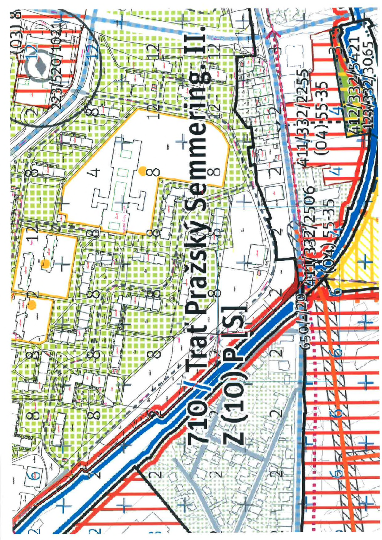 Výřez územního plánu s vyznačením dopravní infrastruktury a parcel. Obsahuje text: '710 Trať Pražský Semmering II.', 'Z(10)P[S]', a různá parcelní čísla a kódy, např. '223/520/1021', '411/332/2255', '(04) 55-35', '650/-20', '412/332/5421', '123/332/30.65'. Mapa zobrazuje zastavěné plochy, železniční trať a okolní pozemky.