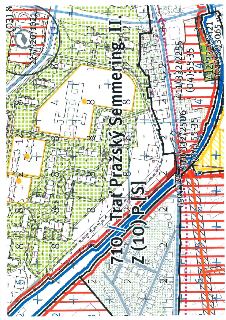 Výřez územního plánu s vyznačením dopravní infrastruktury a parcel. Obsahuje text: '710 Trať Pražský Semmering II.', 'Z(10)P[S]', a různá parcelní čísla a kódy…