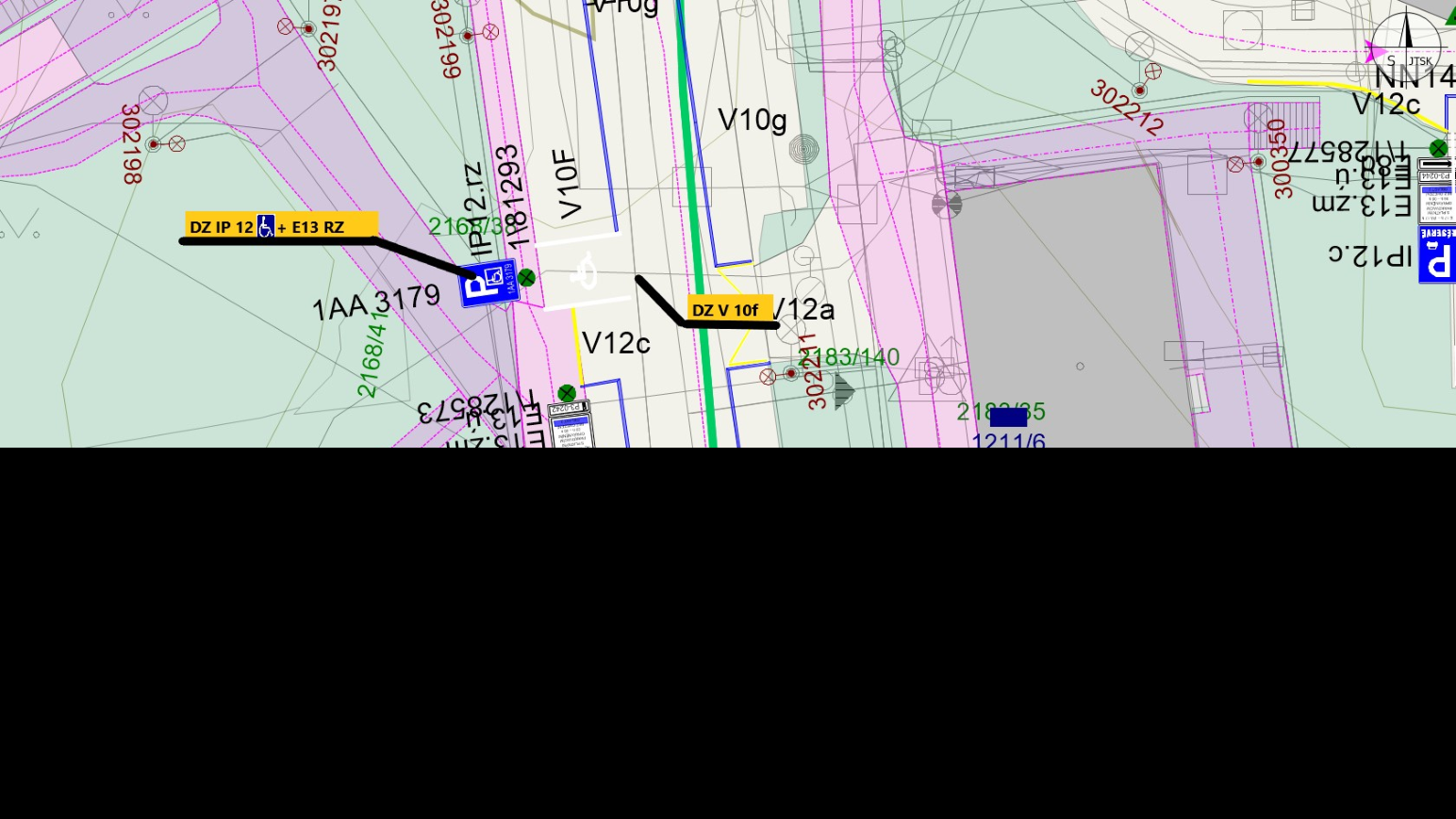 Situační nákres dopravního značení. Obsahuje značky: IP 12c (parkoviště s vyhrazeným stáním), E 13 (dodatková tabulka), DZ IP 12 + E 13 RZ (parkoviště pro invalidy s registrační značkou), DZ V 10f (vyhrazené parkoviště), V 12c (zákaz zastavení). Dále jsou v plánu uvedena čísla parcel a technické značení (např. 302198, 302197, 2168/419, 302211, 2183/140, 1211/6, 302212, 300350, 2128577, 2128573, 1181293).