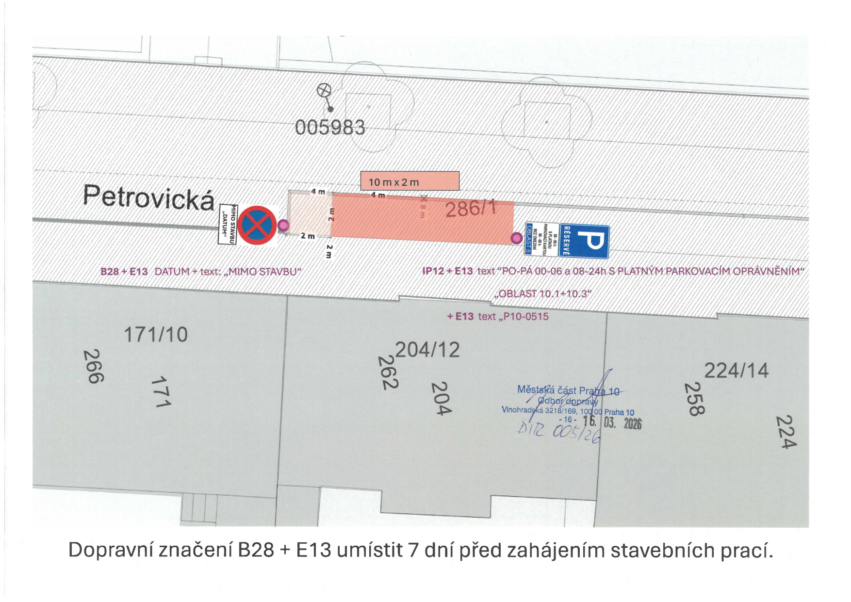 Situační nákres dopravního značení pro zábor parkovacích míst v ulici Petrovická.