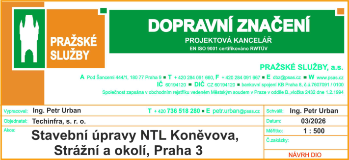Informační tabulka projektu dopravního značení. Zhotovitel: Pražské služby, a.s., Pod Šancemi 444/1, 180 77 Praha 9, IČ 60194120, DIČ CZ 60194120, tel: +420 284 091 660, email: dbz@psas.cz. Název akce: Stavební úpravy NTL Koněvova, Strážní a okolí, Praha 3. Objednatel: Techinfra, s. r. o. Vypracoval a schválil: Ing. Petr Urban (tel: +420 736 518 280, email: petr.urban@psas.cz). Datum: 03/2026. Měřítko: 1 : 500. Typ dokumentu: NÁVRH DIO.
