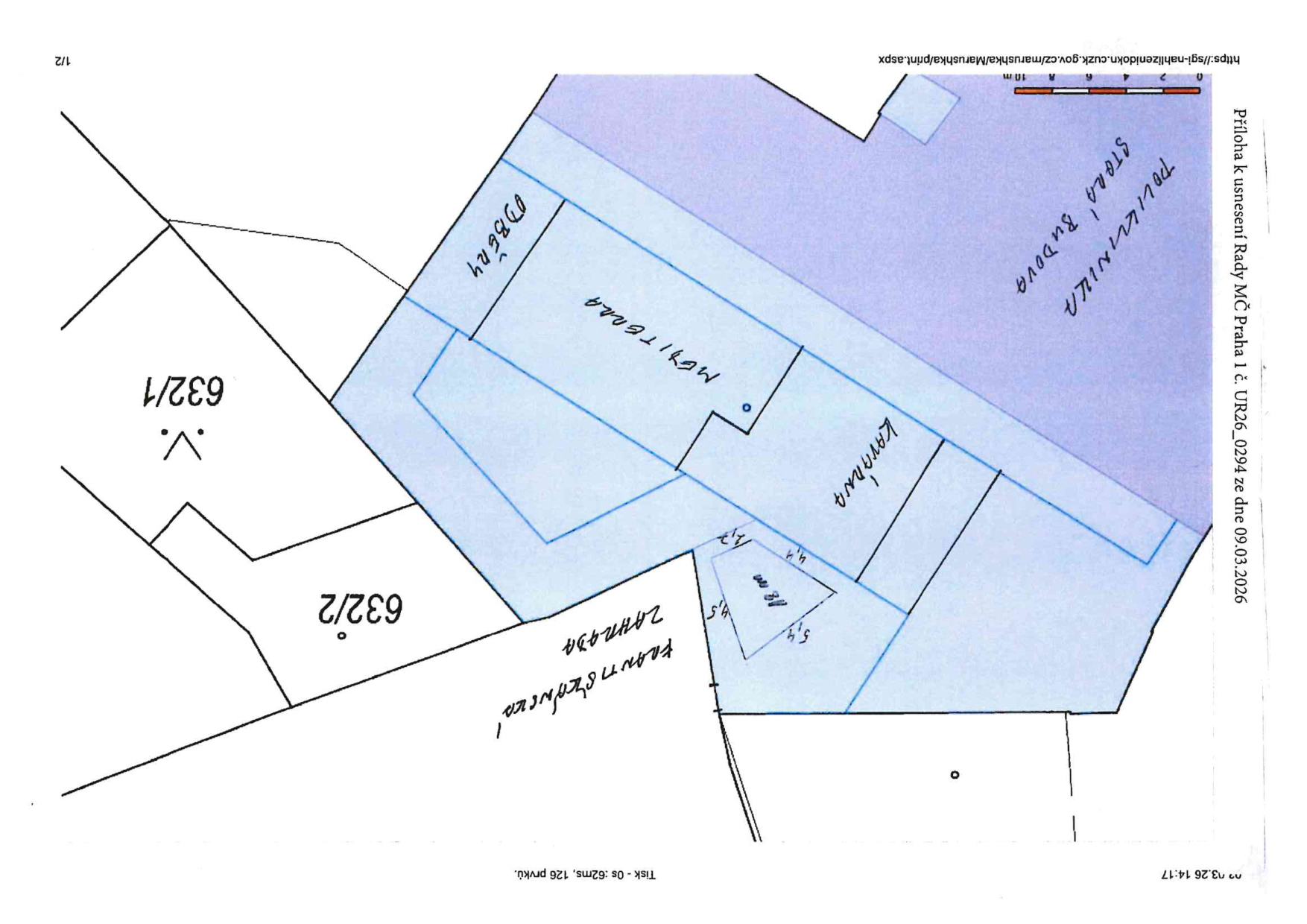 Situační nákres (polohopisný plán) části pozemků a budov polikliniky v Praze 1.