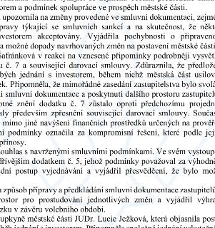 Naskenovaná stránka textového dokumentu s obsahem týkajícím se smluvní dokumentace, dodatku č. 7, darovací smlouvy, jednání s investorem a připomínek zastupite…