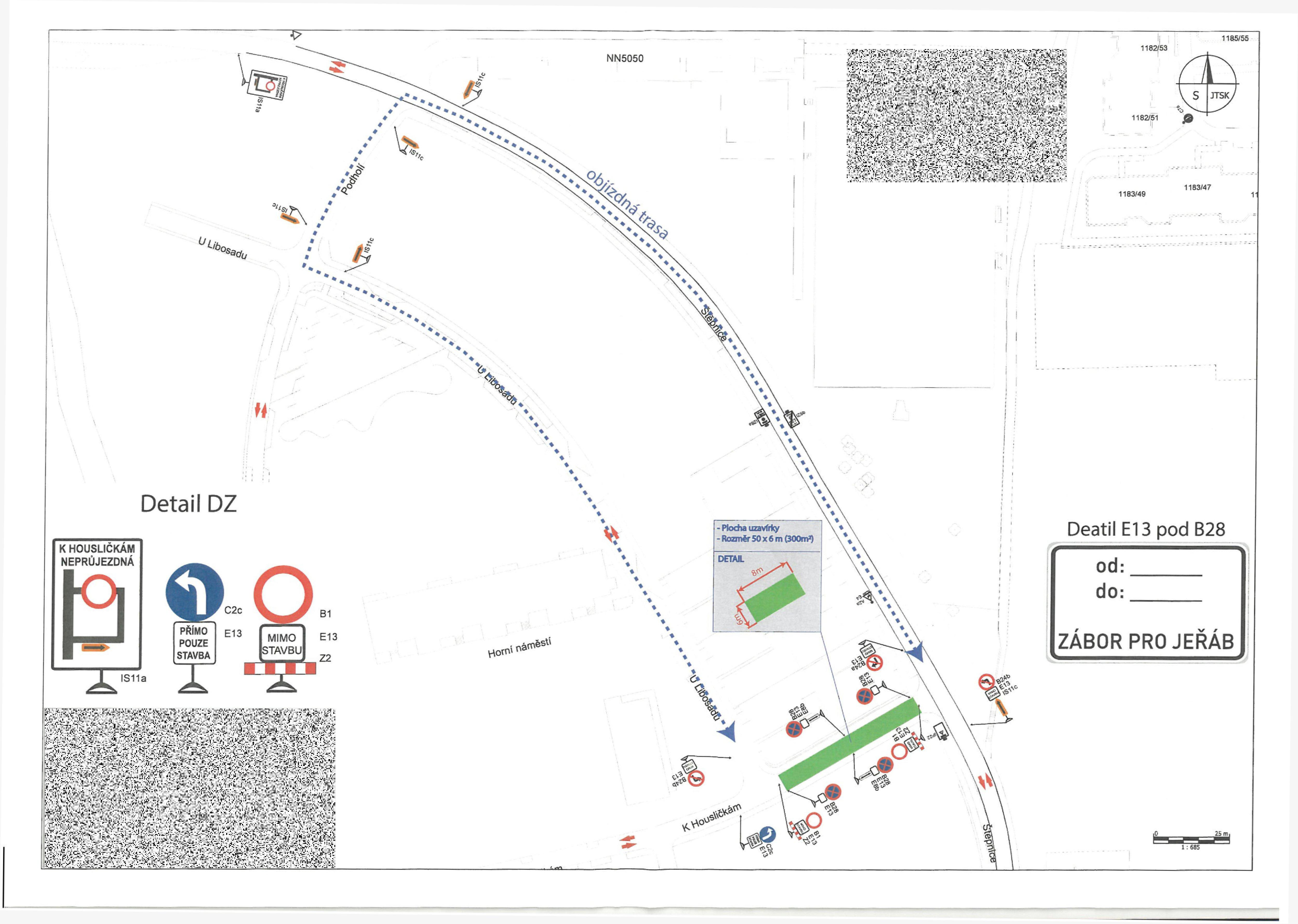 Situační nákres dopravního značení a objízdné trasy pro zábor veřejného prostranství jeřábem.