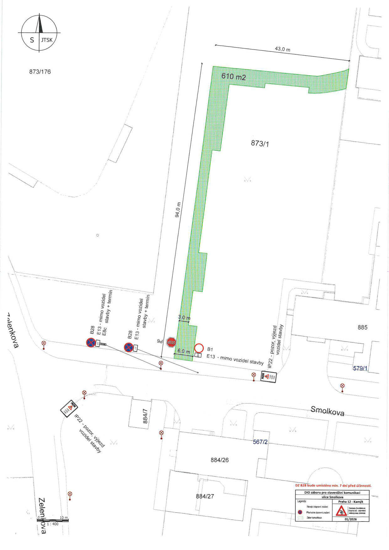 Koordinační situace DIO (dopravně inženýrského opatření) záboru pro staveništní komunikaci v ulici Smolkova.