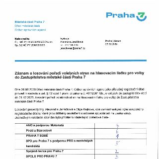 Záznam o losování pořadí volebních stran na hlasovacím lístku pro volby do Zastupitelstva městské části Praha 7. Dokument vydal Úřad městské části Praha 7, Odb…