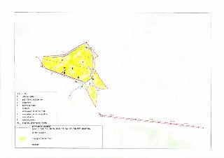 Situační plán projektu rekreačního prostoru. Legenda: 1 - dětské hřiště, 2 - psí hřiště s oplocením, 3 - chodníky, 4 - běžecká dráha, 5 - mobiliář, 6 - napojov…