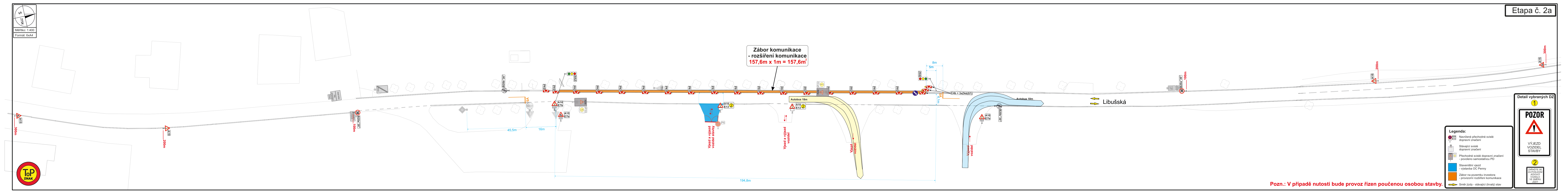 Plán dopravního značení pro etapu č. 2a. Obsahuje situační nákres uzavírky komunikace v délce 157,6 m x 1 m = 157,6 m². V plánu jsou vyznačeny dopravní značky (např. zákaz vjezdu, práce na silnici, semafory), směry objížděk a vymezení pracovního prostoru. Legenda obsahuje symboly pro dopravní značení, zábrany a pracovní plochu. Poznámka: V případě nutnosti bude provoz řízen poučenou osobou stavby.