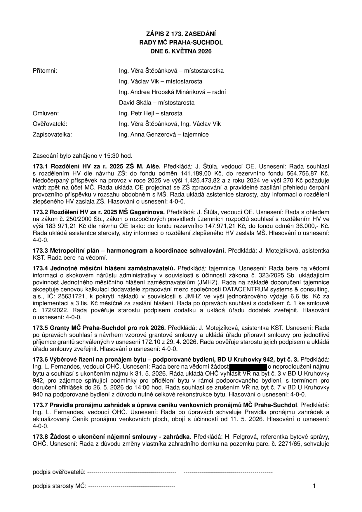 Zápis ze 173. zasedání Rady MČ Praha-Suchdol ze dne 6. května 2026. Přítomni: Ing. Věra Štěpánková, Ing. Václav Vik, Ing. Andrea Hrobská Mináriková, David Skála. Omluven: Ing. Petr Hejl. Zasedání zahájeno v 15:30 hod. 

Obsah usnesení:
173.1 Rozdělení HV za r. 2025 ZŠ M. Alše: rozdělení HV do rezervního fondu 564.756,87 Kč, vrácení nevyčerpaného příspěvku 1.425.473,82 Kč a 270 Kč.
173.2 Rozdělení HV za r. 2025 MŠ Gagarinova: rozdělení HV do rezervního fondu 147.971,21 Kč a do fondu odměn 36.000,- Kč.
173.3 Metropolitní plán – harmonogram a koordinace schvalování.
173.4 Jednotné měsíční hlášení zaměstnavatelů: akceptace nákladů 6,6 tis. Kč a 3 tis. Kč měsíčně pro společnost DATACENTRUM systems & consulting, a.s.
173.5 Granty MČ Praha-Suchdol pro rok 2026: schválení vzorové grantové smlouvy.
173.6 Výběrové řízení na pronájem bytu – podporované bydlení, BD U Kruhovky 942, byt č. 3: ukončení nájmu k 31. 5. 2026, vyhlášení výběrového řízení (VŘ) na byt č. 3 a byt č. 7 v BD U Kruhovky 940, termín pro doručení přihlášek do 26. 5. 2026 do 14:00 hod.
173.7 Pravidla pronájmu zahrádek a úprava ceníku venkovních pronájmů MČ Praha-Suchdol: účinnost od 11. 5. 2026.
173.8 Žádost o ukončení nájemní smlouvy – zahrádka: pozemek parc. č. 2271/65.