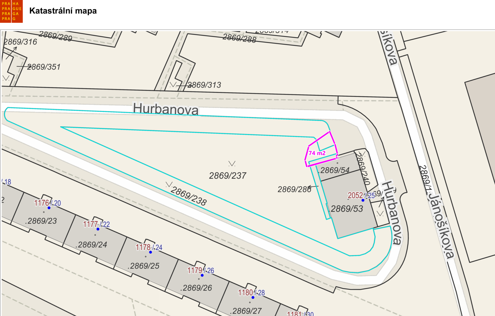 Katastrální mapa zobrazující parcelu se zvýrazněnou plochou 74 m2 v oblasti ulice Hurbanova.