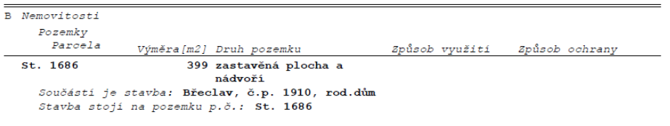 Výpis z katastru nemovitostí, část B: Nemovitosti. Pozemek: parcela St. 1686, výměra 399 m2, druh pozemku: zastavěná plocha a nádvoří. Součástí je stavba: Břeclav, č.p. 1910, rod. dům. Stavba stojí na pozemku p.č.: St. 1686.