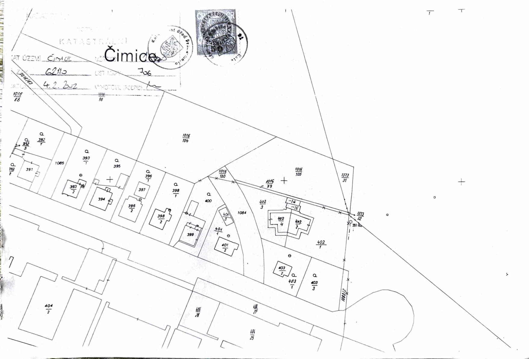 Katastrální mapa zobrazující parcely v katastrálním území Čimice.