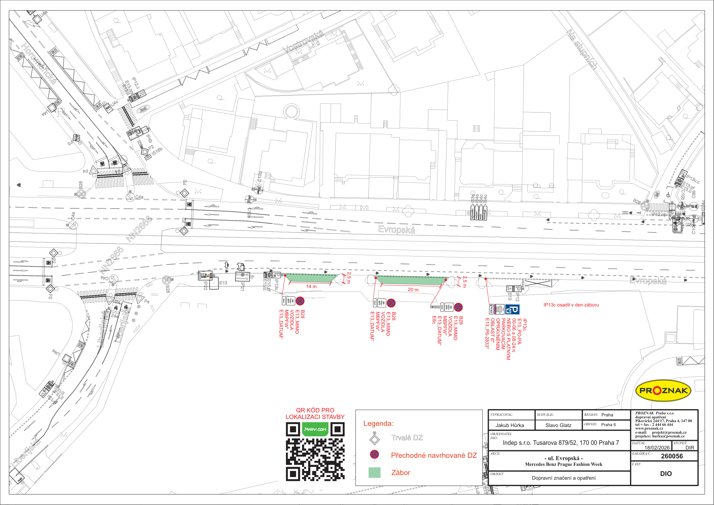 Situační nákres dopravního značení pro akci Mercedes Benz Prague Fashion Week na ulici Evropská.