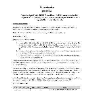 Důvodová zpráva BJ/0499/2026 k rozpočtovému opatření č. 38 MČ Praha 20 na rok 2026. Dokument řeší zapojení příjmů do rozpočtu ve výši 103,3 tis. Kč a přesun fi…