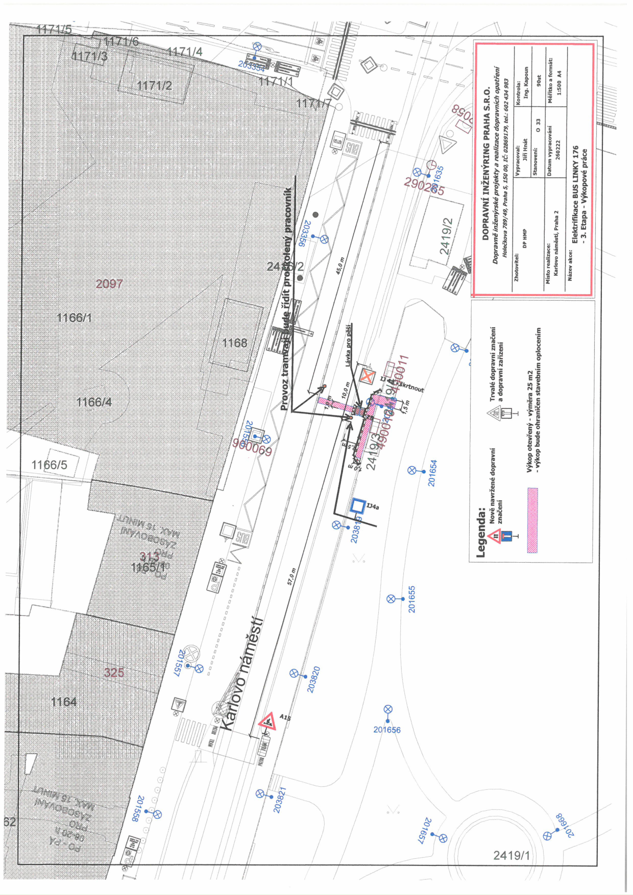 Koordinační situační výkres dopravního značení a výkopových prací pro stavbu elektrifikace BUS linky 176.