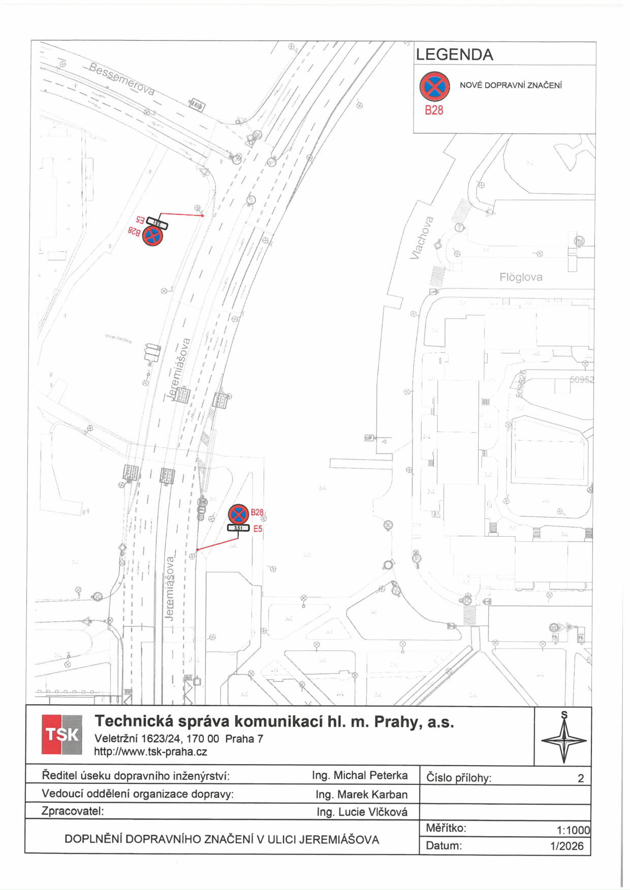 Situační nákres dopravního značení v ulici Jeremiášova.