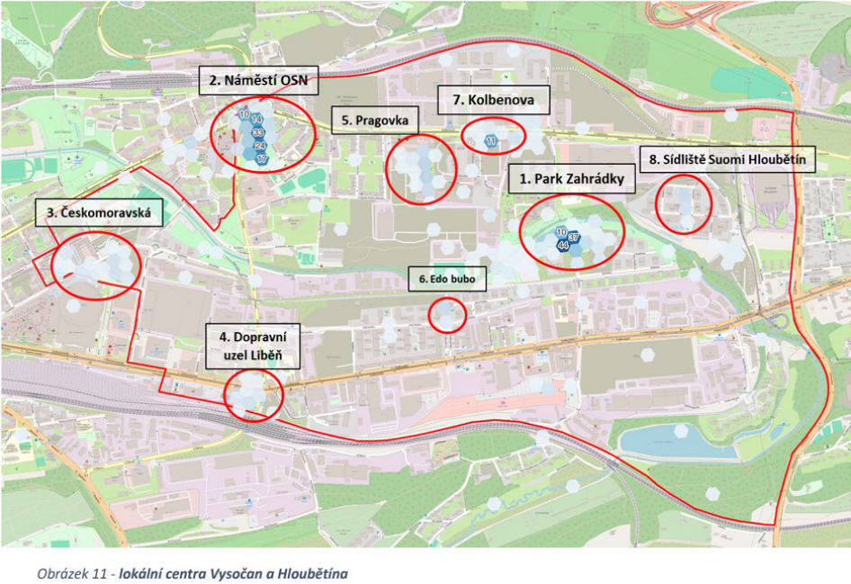 Mapa znázorňující lokální centra oblastí Vysočany a Hloubětín s vyznačenými významnými body.