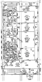 Půdorys podlaží budovy s označením místností a plochami v m2: C101 Chodba (14,47 m2), C102 Chodba (32,66 m2), C103 WC (7,33 m2), C108 WC (8,04 m2), C109 Kancel…