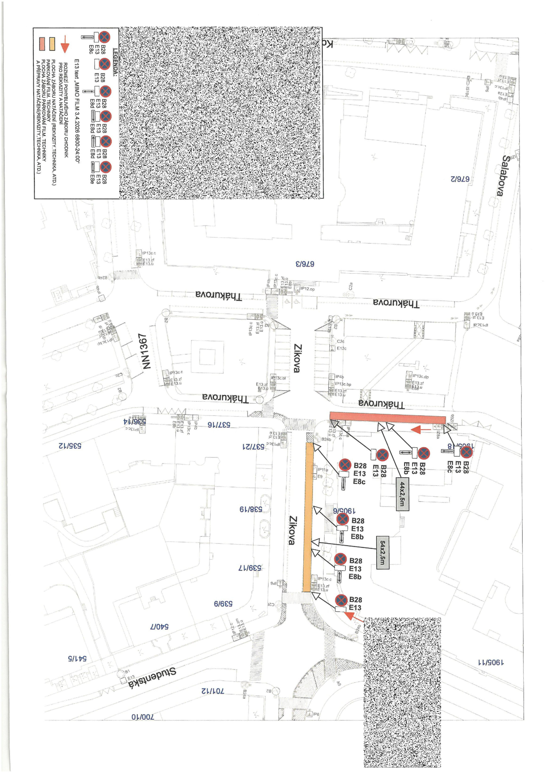 Koordinační situační výkres záboru veřejného prostranství pro potřeby filmování v ulicích Thákurova a Zikova.