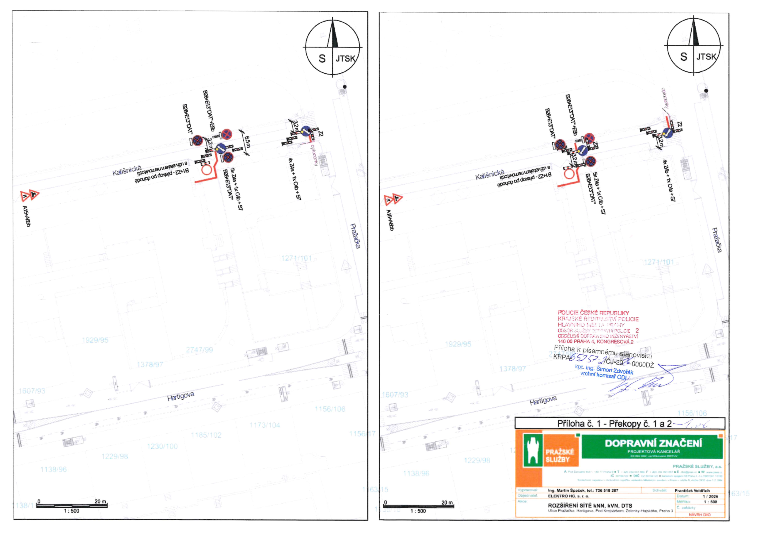 Koordinační výkres (situační nákres) dopravního značení pro stavbu v lokalitě ulic Kališnická, Hartigova a Pražačka.