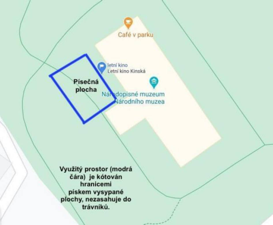 Situační nákres v mapovém podkladu. Vyznačená oblast 'Písečná plocha' ohraničená modrou čárou. V okolí se nachází 'Café v parku', 'letní kino Letní kino Kinská' a 'Národopisné muzeum Národního muzea'. Text pod mapou: 'Využitý prostor (modrá čára) je kótován hranicemi pískem vysypané plochy, nezasahuje do trávníků.'