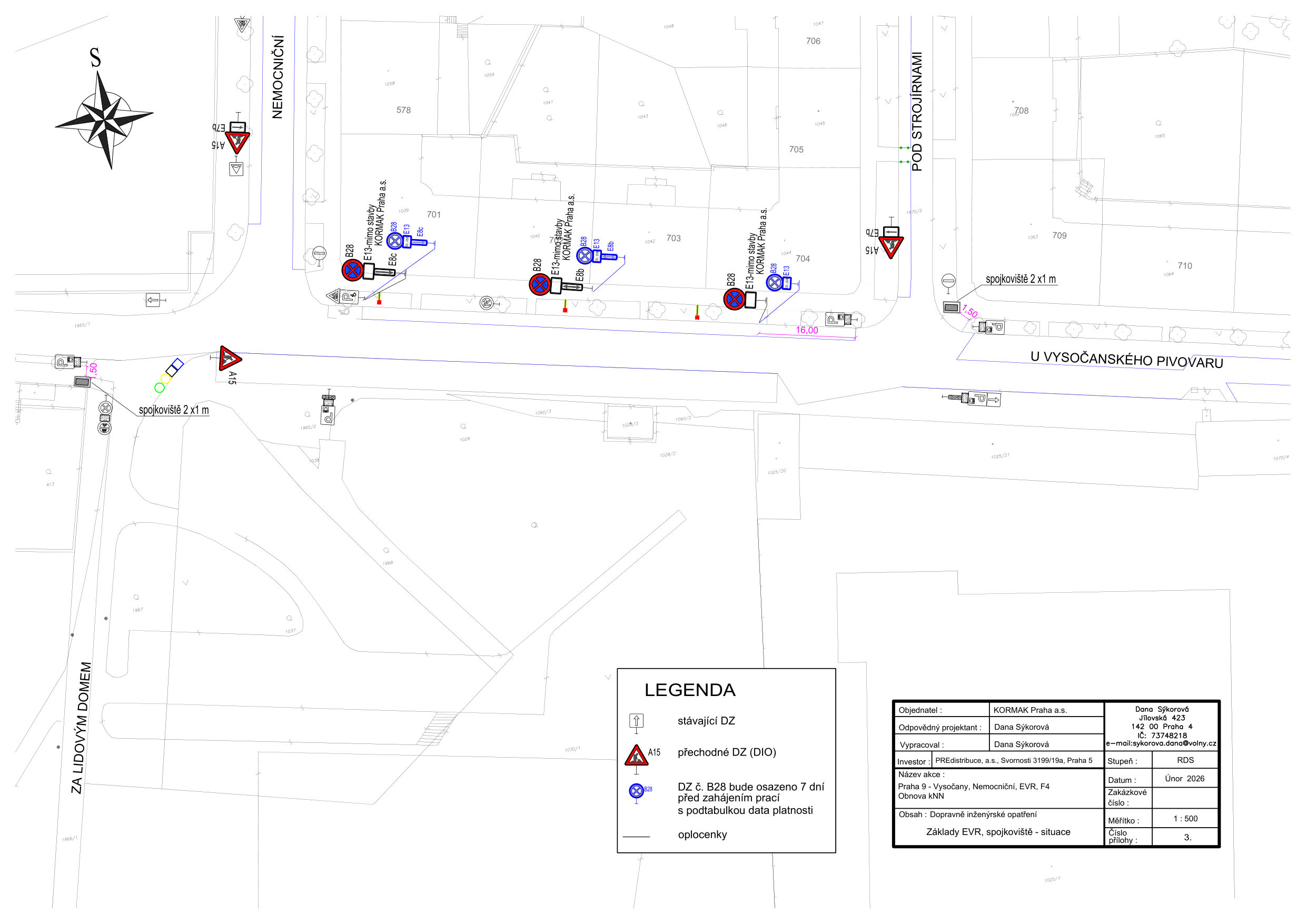 Koordinační situační výkres dopravního značení pro stavební práce v ulicích Nemocniční a U Vysočanského pivovaru.
