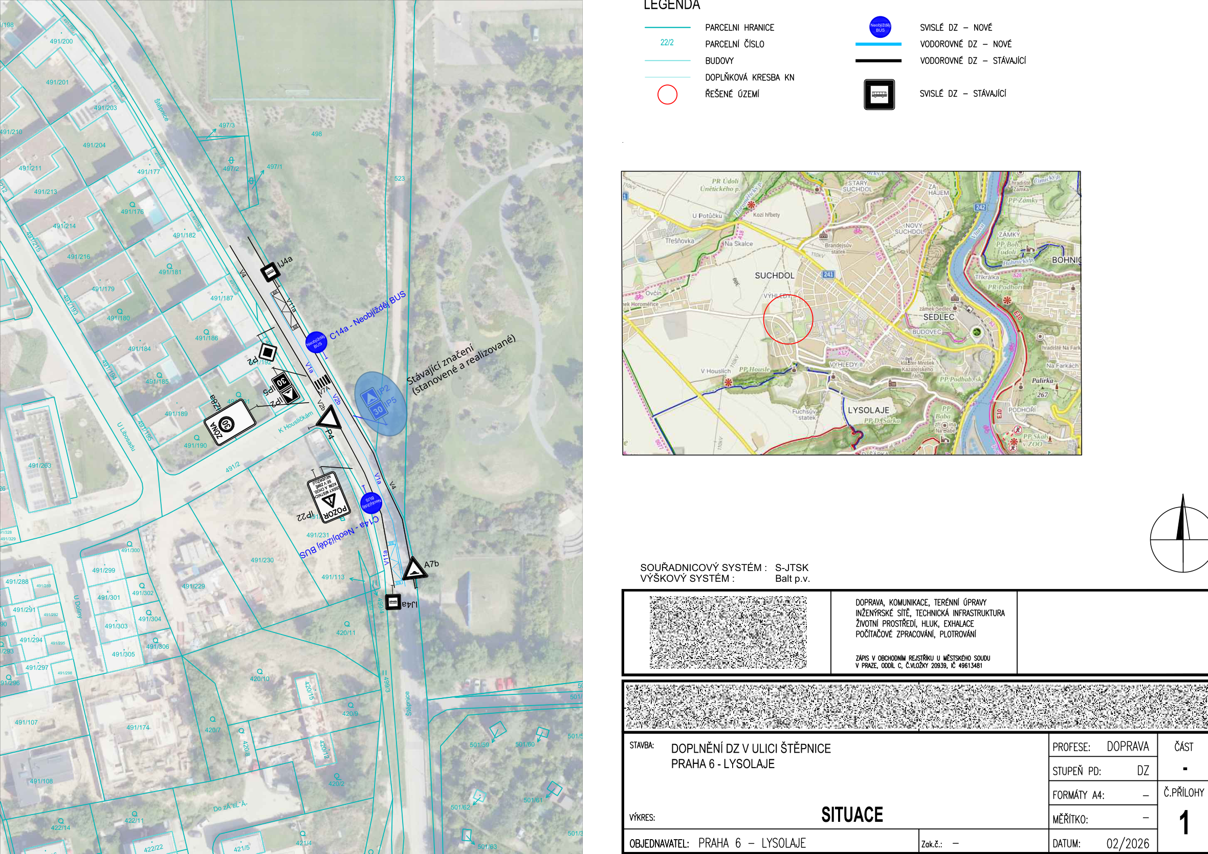 Situační nákres dopravního značení v ulici Štěpnice v Praze 6 - Lysolajích včetně katastrální mapy a přehledné mapy oblasti.