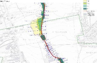 Hydrologická mapa / záplavové území vodního toku s vyznačenými průtoky (Q500, Q100, Q20, Q5, aktivní zóna ZÚ), osou potoka, příčnými profily (PF 18 až PF 43, ř…