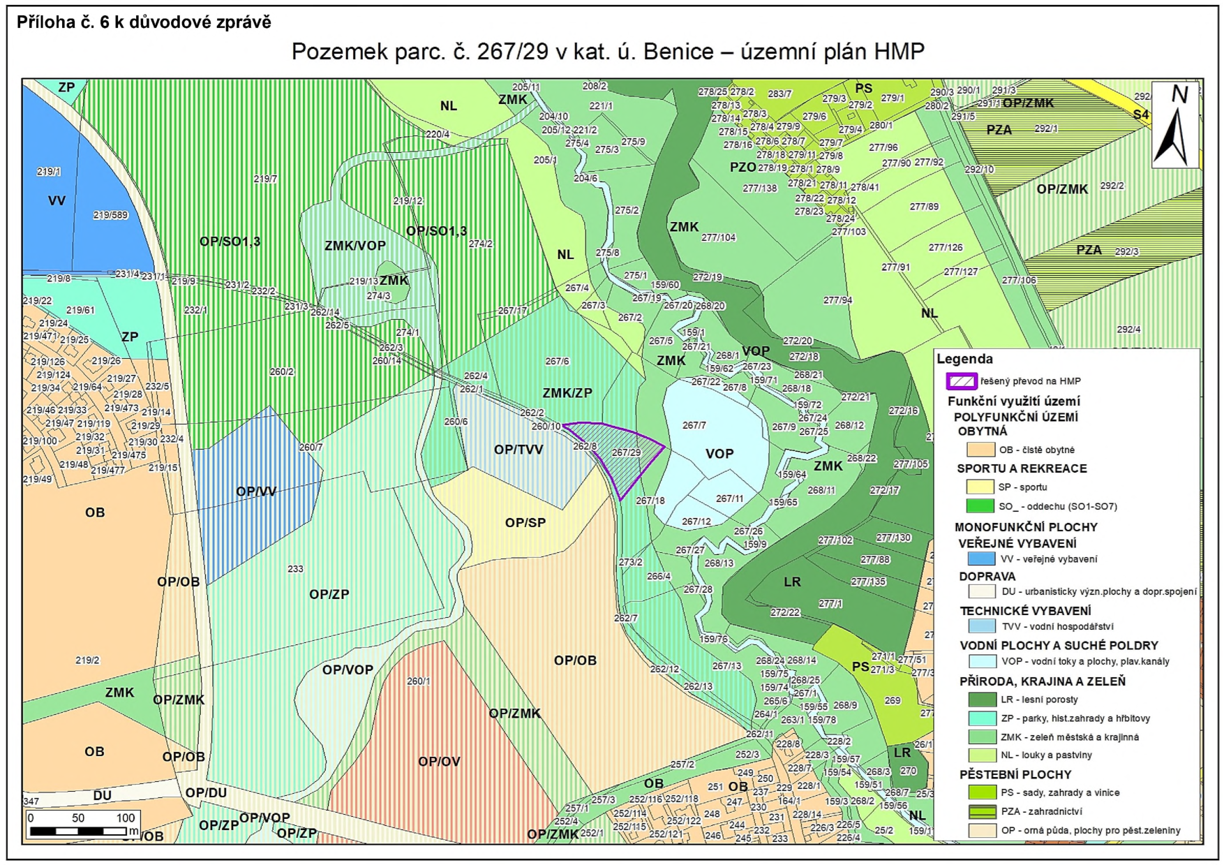 Mapa územního plánu HMP (Hlavního města Prahy) pro pozemek parc. č. 267/29 v katastrálním území Benice. Obrázek obsahuje grafické znázornění parcel a jejich funkčního využití. Legenda obsahuje kategorie: Polyfunkční území obytná (OB), Sportu a rekreace (SP, SO), Monofunkční plochy veřejné vybavení (VV), Doprava (DU), Technické vybavení (TVV), Vodní plochy a suché poldry (VOP), Příroda, krajina a zeleň (LR, ZP, ZMK, NL), Pěstební plochy (PS, PZA, OP). Fialově vyznačený pozemek parc. č. 267/29 je označen jako 'řešený převod na HMP'.