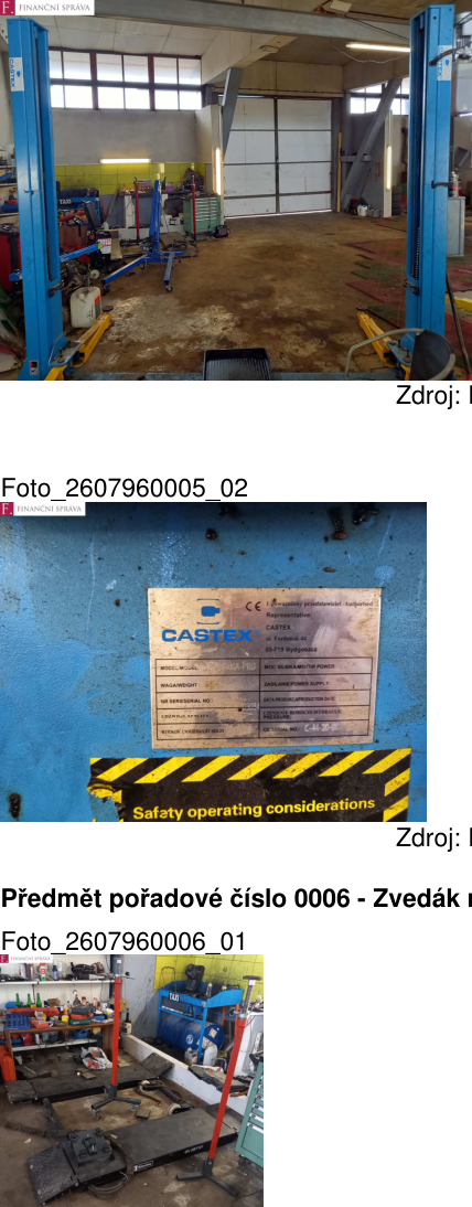 Dokumentace vybavení autoservisu: 1) Fotografie dvousloupového zvedáku. 2) Detailní štítek zvedáku značky CASTEX, model 'KA-PRO', výrobce: CASTEX, ul. Fordońska 44, 85-719 Bydgoszcz, sériové číslo C-44-20-01. 3) Fotografie dalšího vybavení autoservisu (zvedáky, pracovní stůl s nářadím, vozík).
