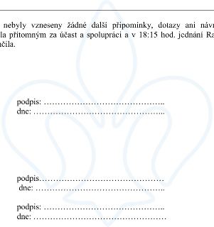 Závěrečná část textu zápisu (pravděpodobně zasedání Rady): '... nebyly vneseny žádné další připomínky, dotazy ani náv... la přítomným za účast a spolupráci a v…