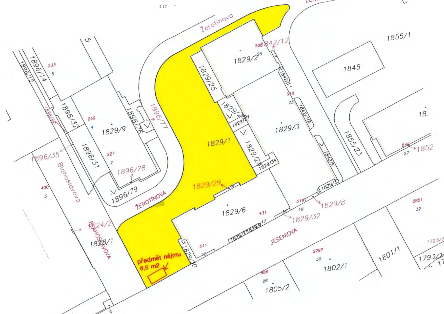 Katastrální mapa s vyznačeným předmětem nájmu o výměře 6,5 m2 na parcele č. 1829/29.