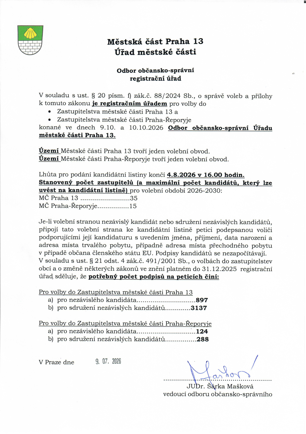 Oznámení Městské části Praha 13, Odboru občansko-správního (registračního úřadu) týkající se voleb do Zastupitelstva MČ Praha 13 a Zastupitelstva MČ Praha-Řeporyje konaných 9.10. a 10.10.2026. Lhůta pro podání kandidátních listin končí 4.8.2026 v 16.00 hodin. Stanovený počet zastupitelů: MČ Praha 13 (35), MČ Praha-Řeporyje (15). Potřebný počet podpisů na peticích: Pro volby do Zastupitelstva MČ Praha 13: nezávislý kandidát 897, sdružení nezávislých kandidátů 3137. Pro volby do Zastupitelstva MČ Praha-Řeporyje: nezávislý kandidát 124, sdružení nezávislých kandidátů 288. Dokument vydán v Praze dne 9. 07. 2026, podepsala JUDr. Šárka Mašková.