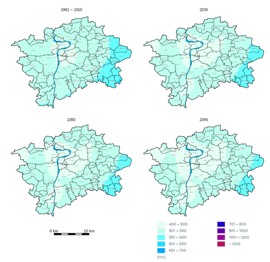 Sada čtyř map zobrazujících vývoj ročních srážek v Praze v milimetrech (mm) pro období 1981–2010, 2030, 2050 a 2090. Legenda barevné škály v mm: 400–500 (bílá), 501–550 (světle tyrkysová), 551–600 (středně tyrkysová), 601–650 (tyrkysová), 651–700 (tmavě tyrkysová), 701–800 (tmavě modrá), 801–1000 (fialová), 1001–1200 (tmavě fialová), > 1200 (vínová). Měřítko mapy je 10 km.