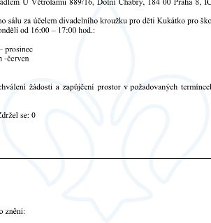 Výňatek z úředního dokumentu týkající se pronájmu sálu pro dětský divadelní kroužek Kukátko. Podmínky: pondělí od 16:00 – 17:00 hod., období září – prosinec a…