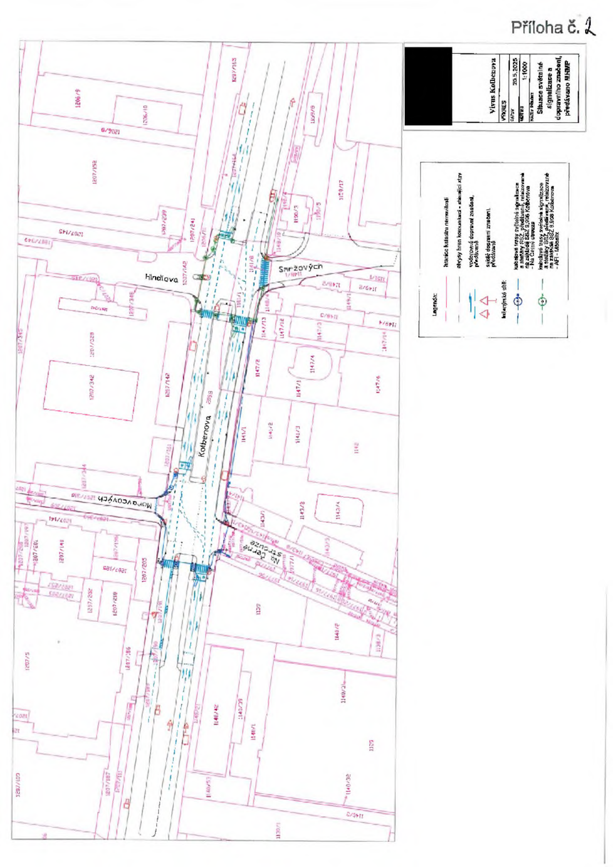 Situační nákres dopravního značení a světelné signalizace v ulici Kolbenova. Dokument obsahuje: název 'Příloha č. 2', projekt 'Situace světelné signalizace a dopravního značení, předáváno MHMP', datum 20.5.2025, měřítko 1:1000. Legenda obsahuje: hranice katastru nemovitostí, obrysy hran komunikací, stávající stav, vodorovné dopravní značení, svislé dopravní značení, kabelové trasy světelné signalizace a stanice RS2 předávané, relizované na základě SSZ 9.908 Kolbenova na Černé cestě, kabelové trasy světelné signalizace a stanice RS2 předávané, realizované na základě SSZ 9.908 Kolbenova - AFI - Městský. V mapě jsou vyznačeny ulice Kolbenova, Moravcových, Na Černé struze, Hrdličkova a Sněžových, včetně čísel parcel.