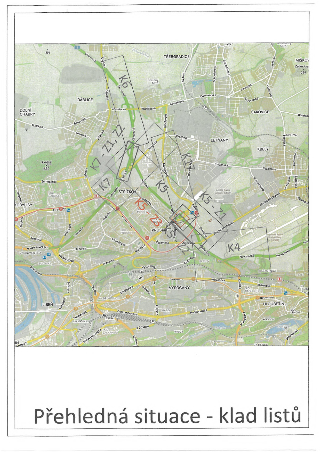 Přehledná situace - klad listů. Mapa zobrazuje území v Praze (oblasti Ďáblice, Třeboradice, Čakovice, Letňany, Kbely, Prosek, Vysočany, Hloubětín, Libeň, Kobylisy) s vyznačenými sektory (K3, K4, K5, K5-Z1, K6, K7, K7-Z1, Z2). Obsahuje názvy ulic a lokalit: Cinovecká, Ďáblická, Kostelecká, Tupolevova, Veselská, Beranových, Toužimská, Mladoboleslavská, Prosecká, Vysočanská, Sokolovská, Českomoravská, Poděbradská a další.