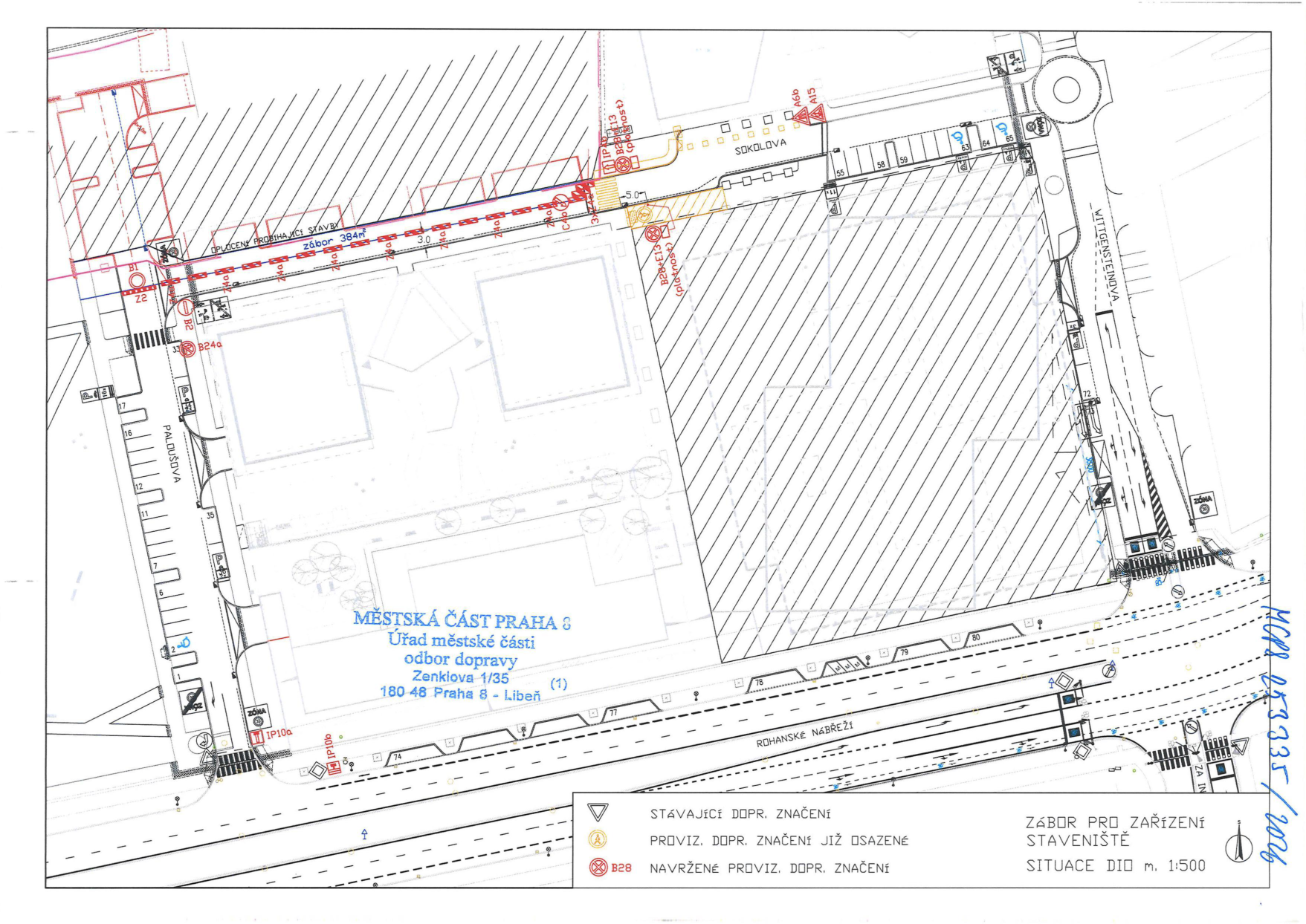 Situační nákres záboru pro zařízení staveniště v Praze 8 - Libni. Dokument obsahuje: MĚSTSKÁ ČÁST PRAHA 8, Úřad městské části, odbor dopravy, Zenklova 1/35, 180 48 Praha 8 - Libeň. Vyznačeny ulice: Paloušova, Sokolova, Rohanské nábřeží, Wittsteinova. Uveden zábor 384 m2, legenda dopravního značení (stávající, již osazené provizorní, navržené provizorní). Číslo jednací/spisová značka vpravo dole: MCP8 253335/2016. Měřítko 1:500.