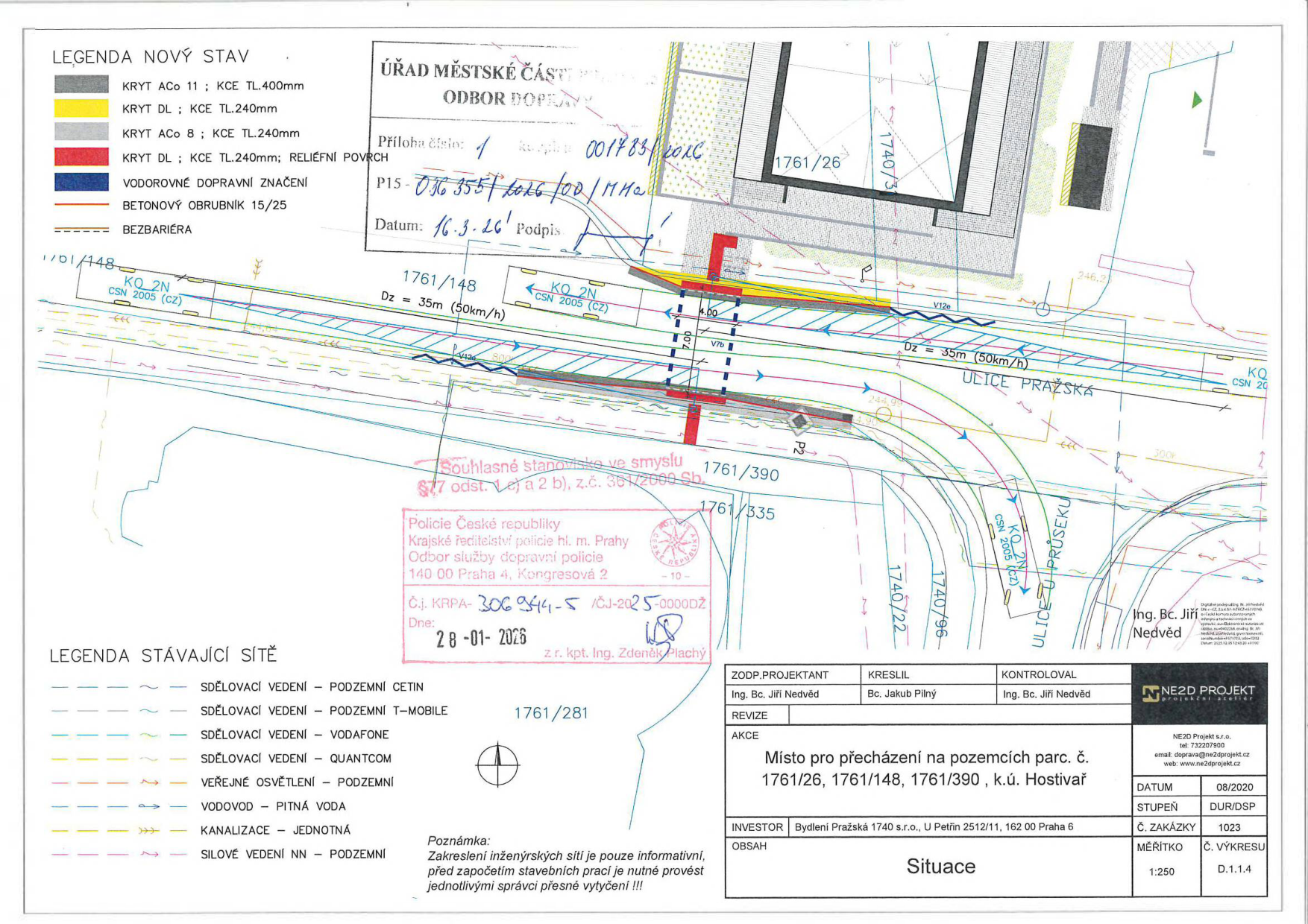 Situační výkres úpravy komunikace a vytvoření místa pro přecházení na pozemcích v k.ú. Hostivař.